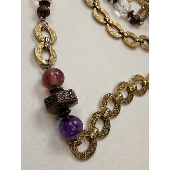 Vintage-Inspired Long Gold Chain Necklace With Purple & Burgundy Beads Textured - Picture 4 of 8